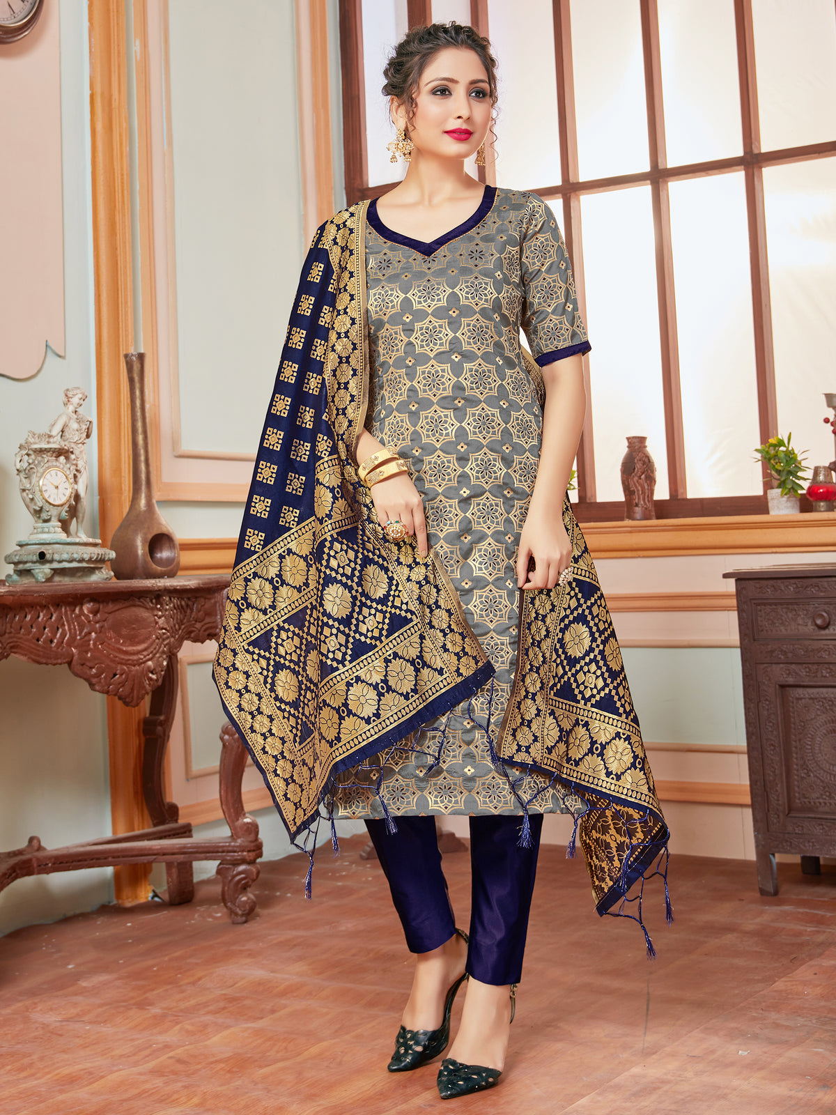 Gray Banarasi Art Silk Woven Salwar Suit