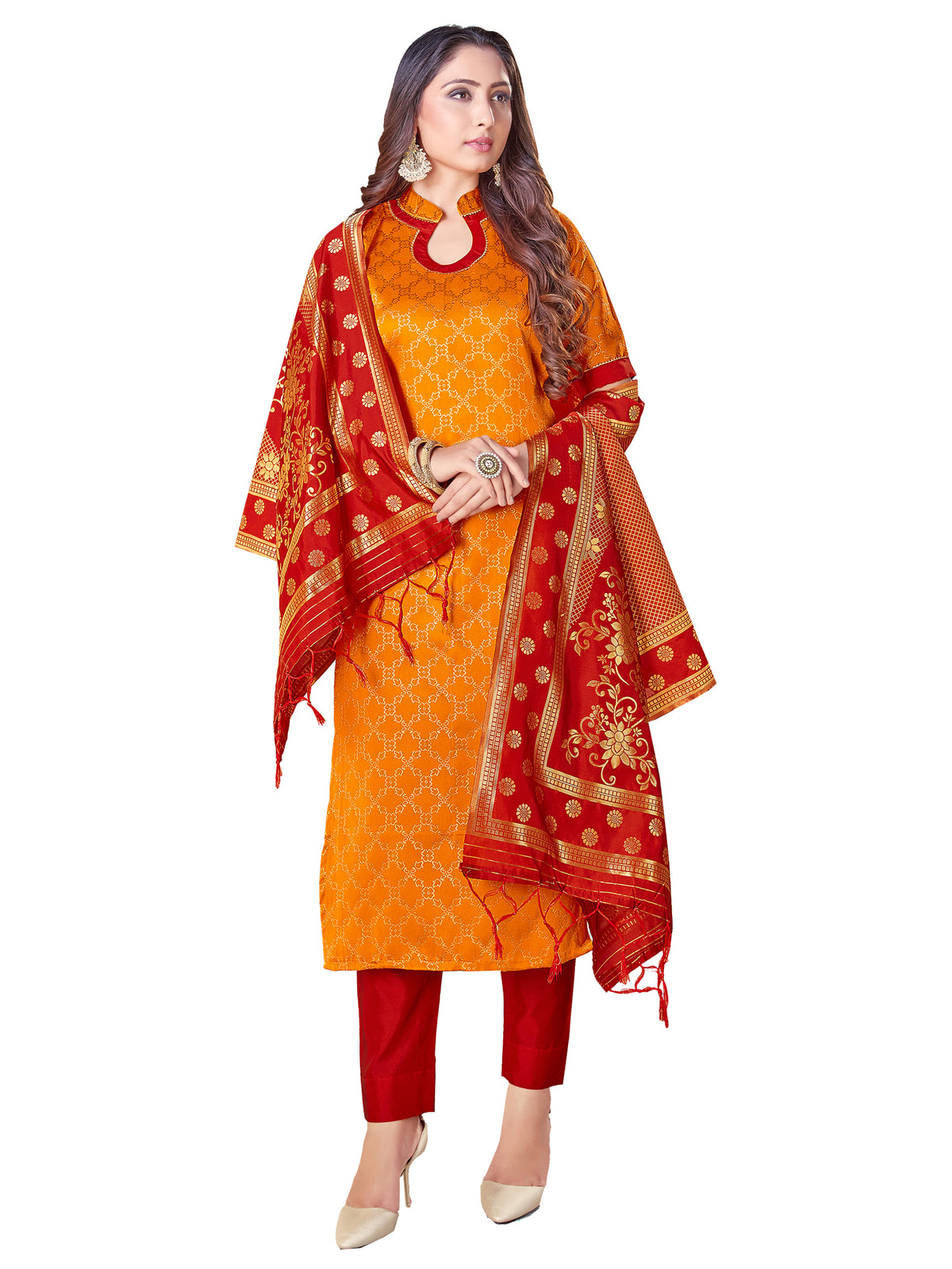 Orange Banarasi Art Silk Woven Salwar Suit