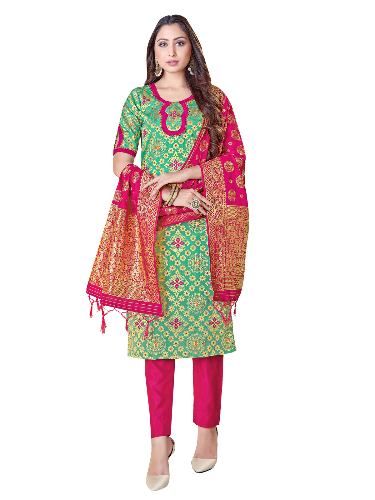 Green Banarasi Art Silk Woven Salwar Suit