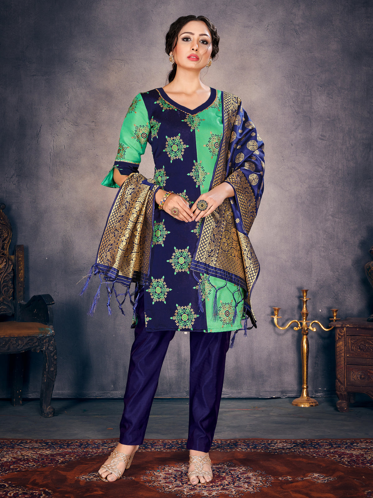 Navy Blue Banarasi Art Silk Woven Salwar Suit