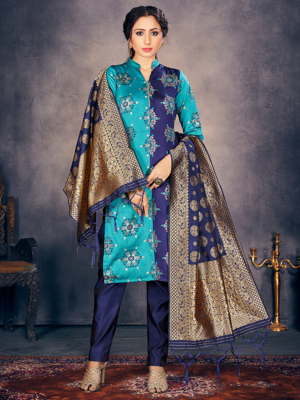 Turquoise Banarasi Art Silk Woven Salwar Suit