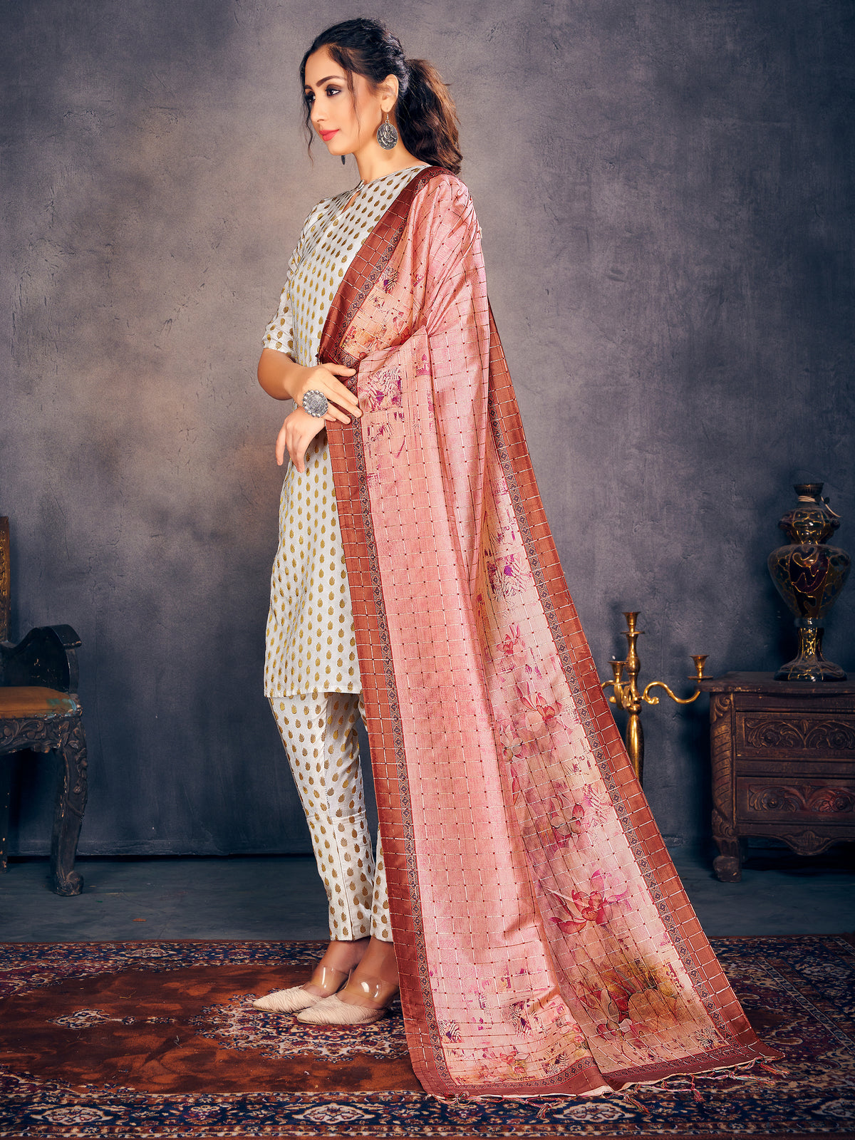 Beige Banarasi Art Silk Woven Salwar Suit