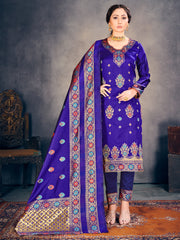 Blue Banarasi Art Silk Woven Salwar Suit