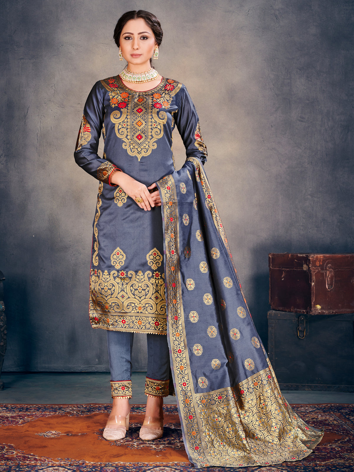 Grey Banarasi Art Silk Woven Salwar Suit