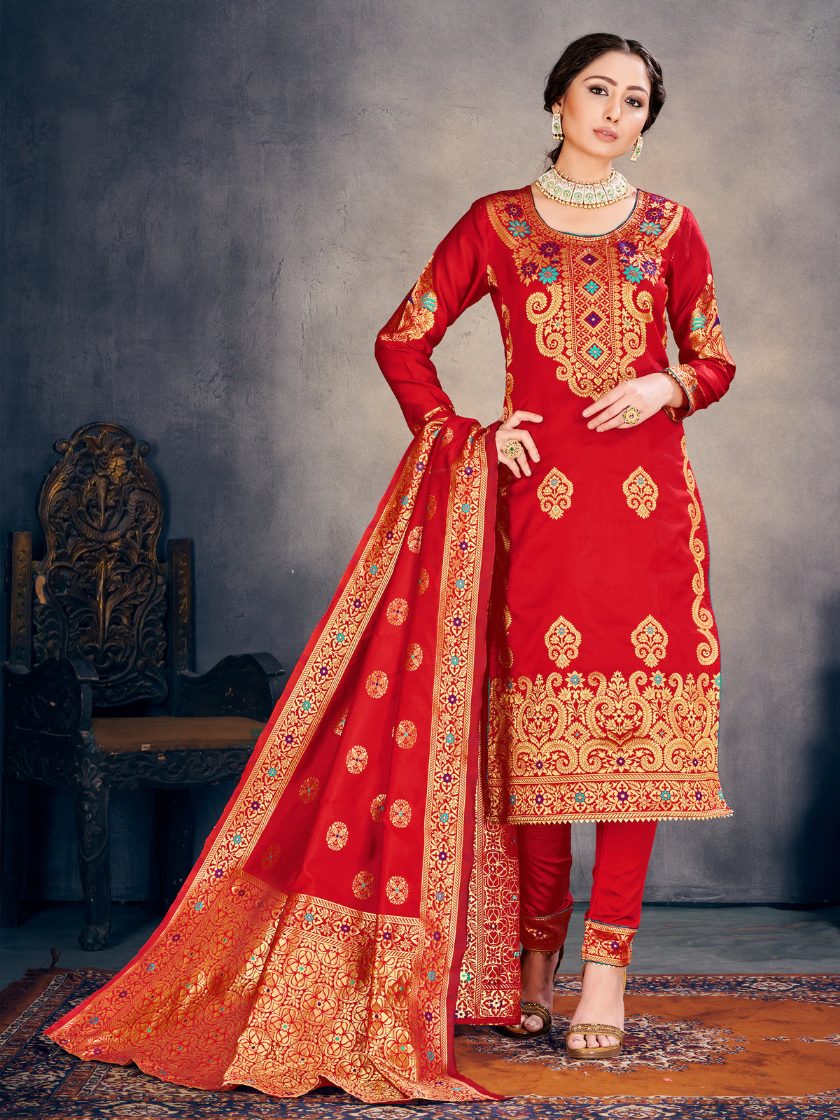 Red Banarasi Art Silk Woven Salwar Suit