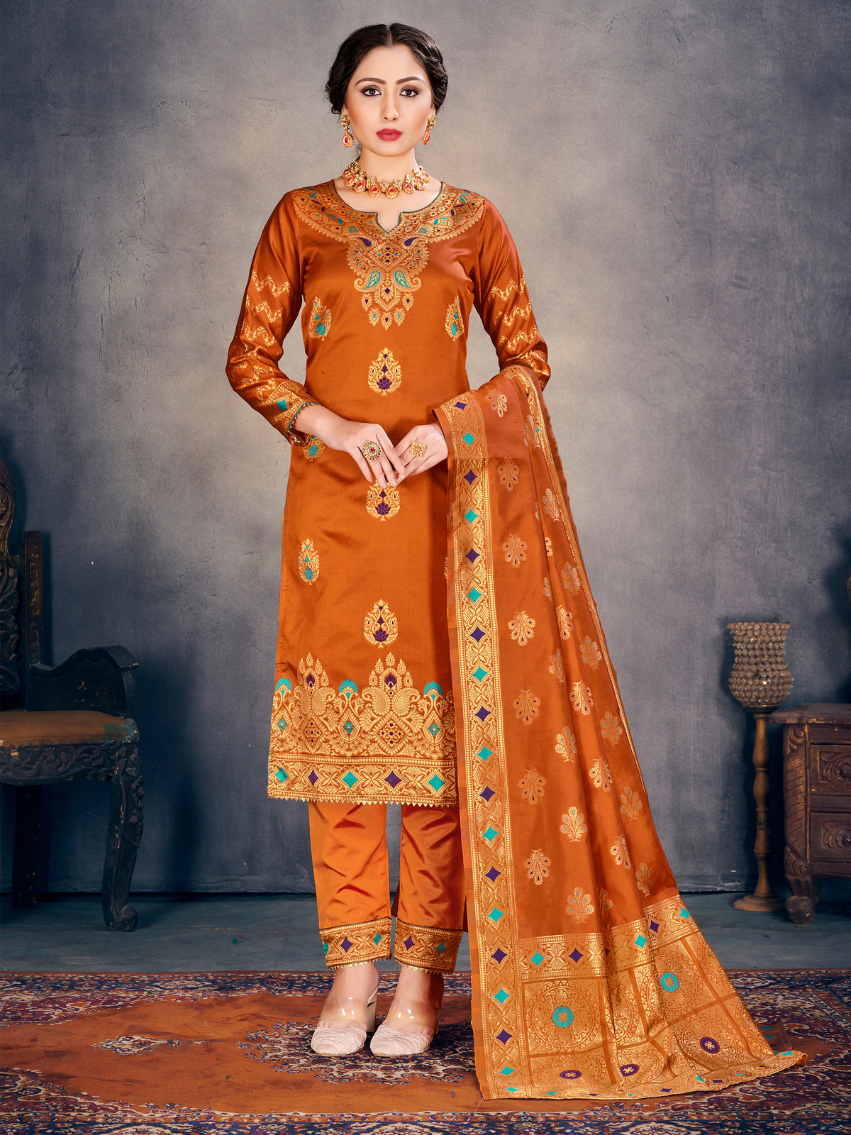 Orange Banarasi Art Silk Woven Salwar Suit