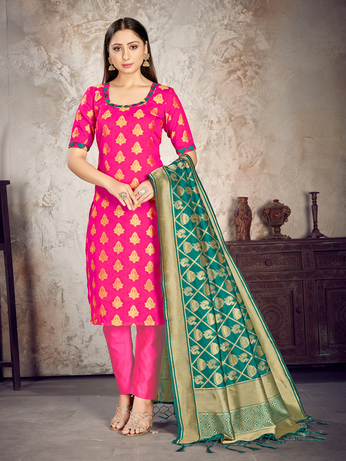 Pink Banarasi Art Silk Woven Salwar Suit