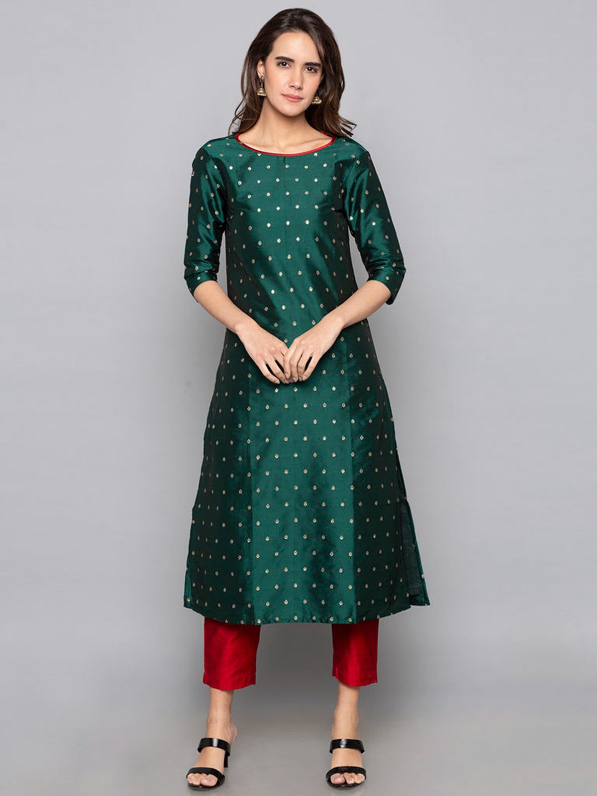 Green Woven Art Silk Kurti With Pant