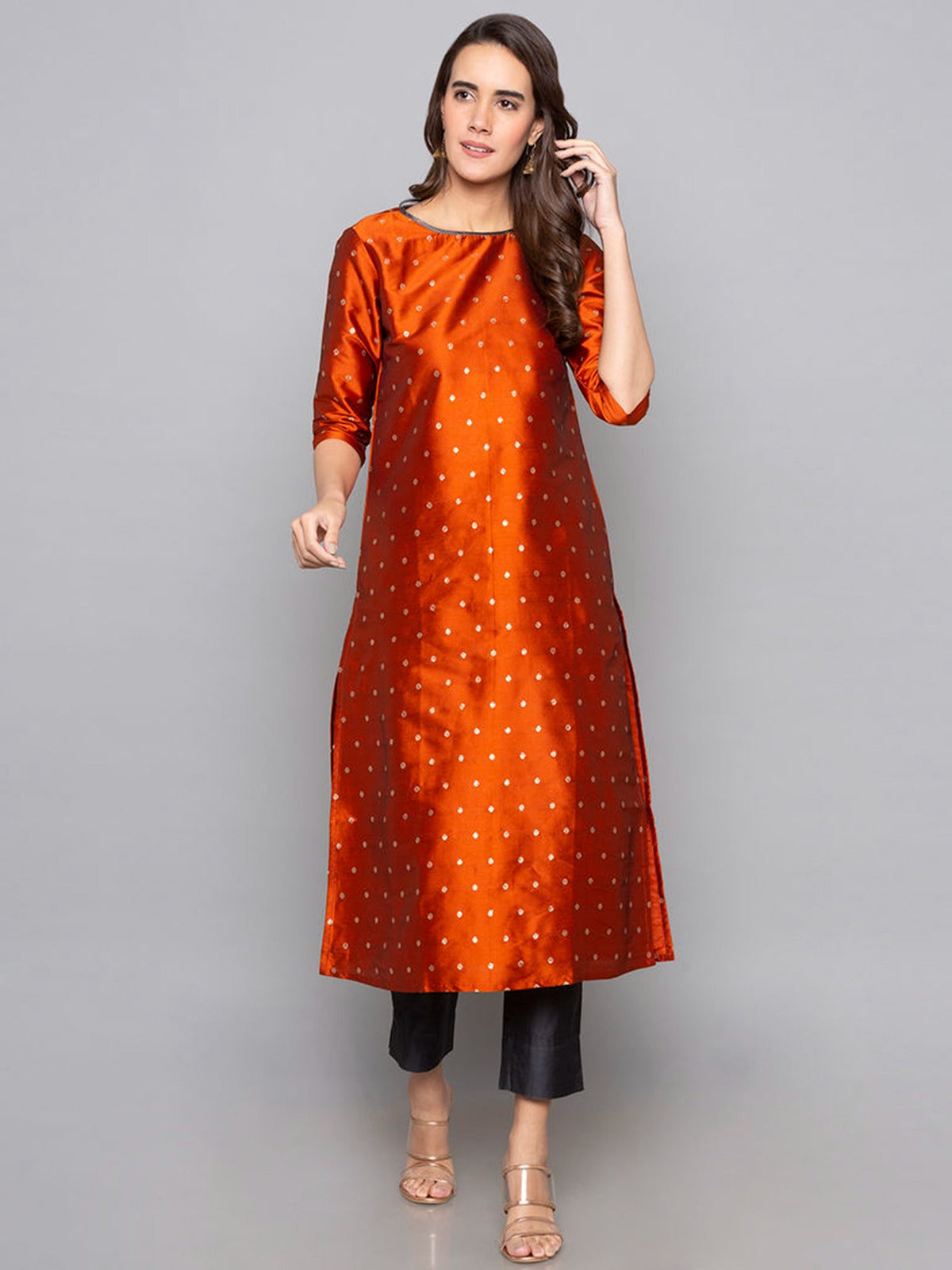 Rust Woven Art Silk Kurti With Pant