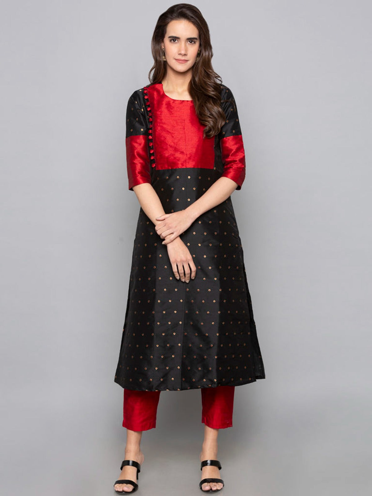 Black Woven Art Silk Kurti With Pant