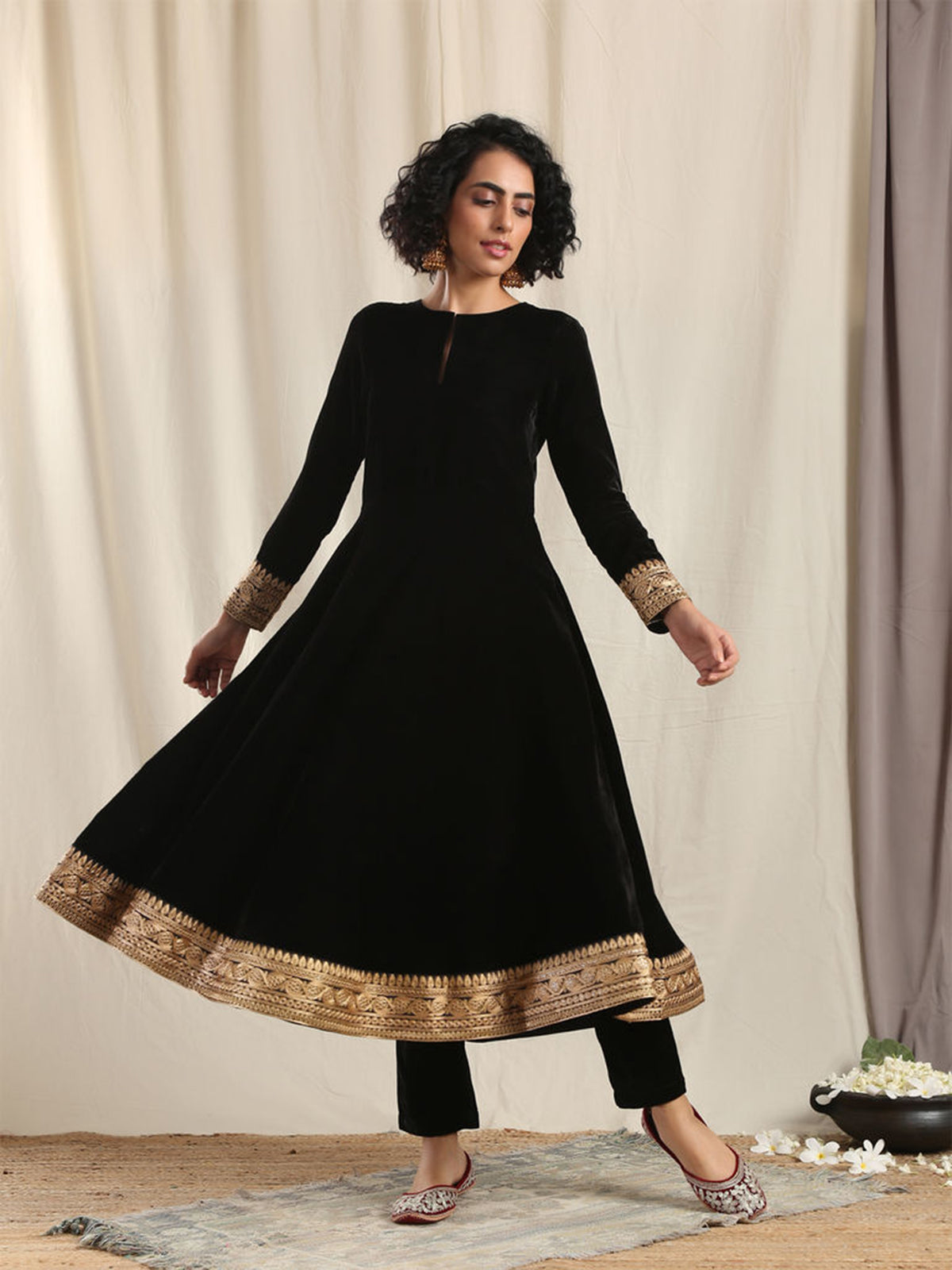 Kurtis Black Velvet Embroidered Dress