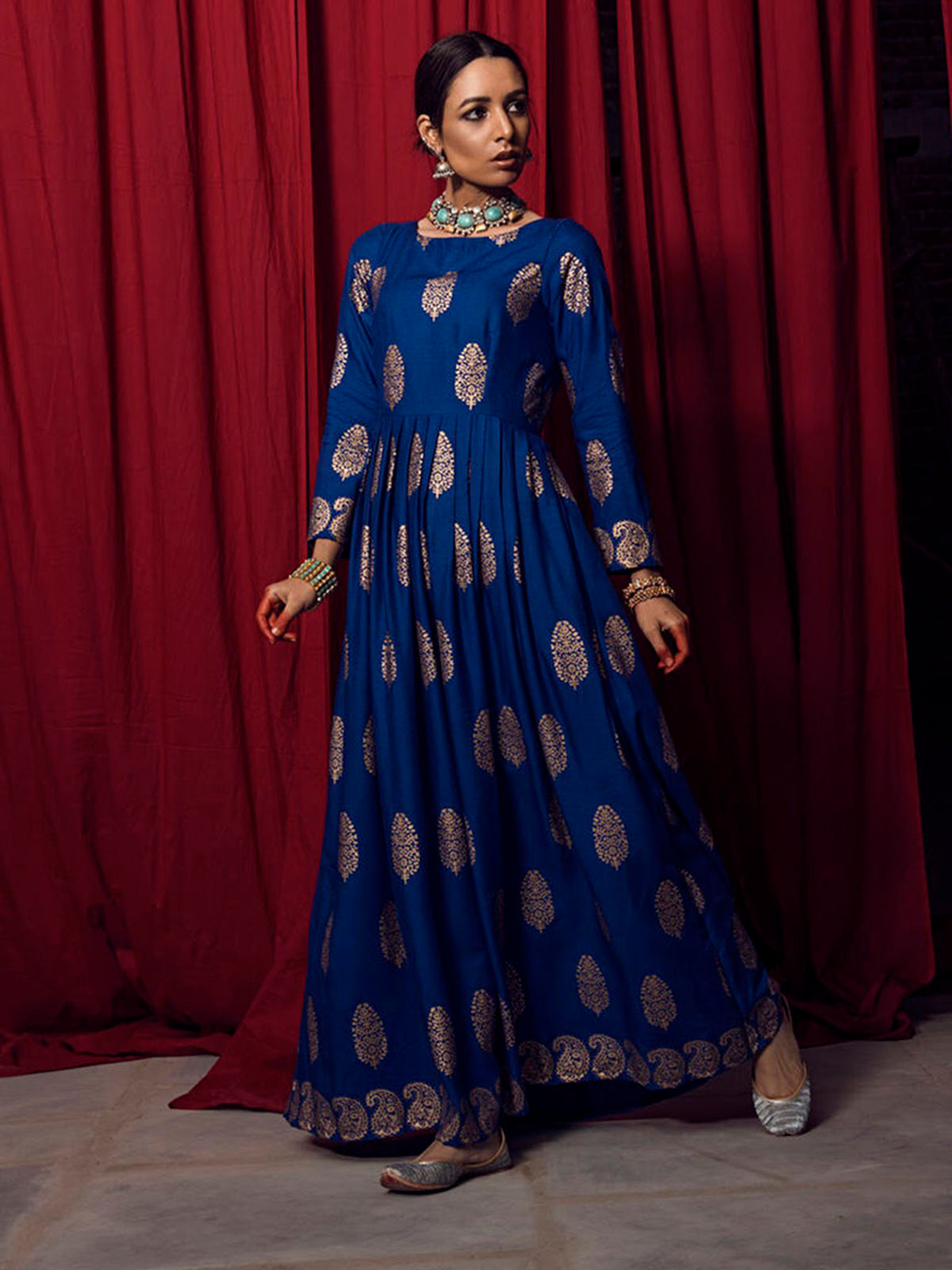 Navy Blue Rayon Foil Printed Kurti