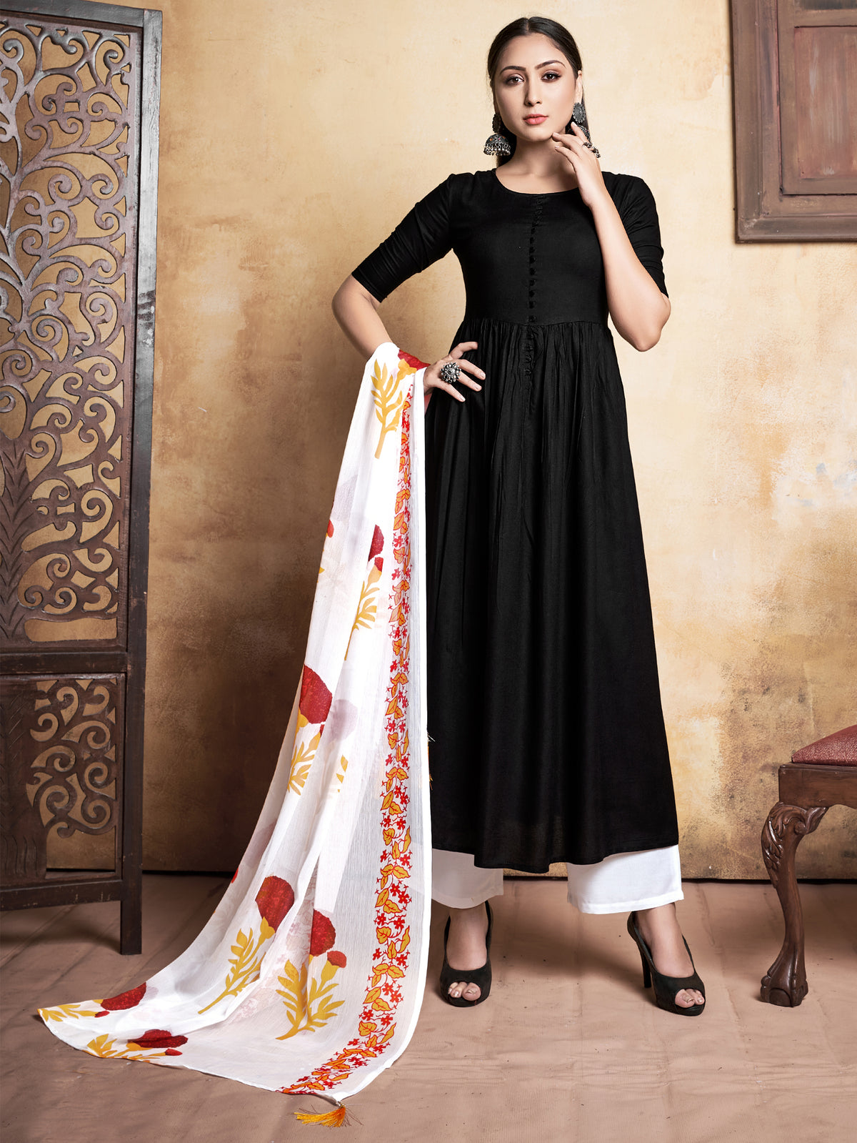 Black Rayon Printed Kurti