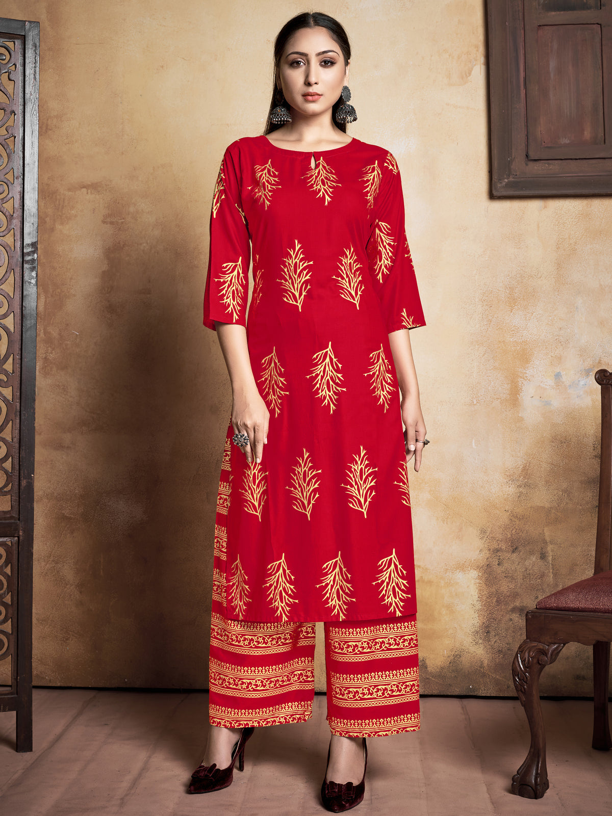 Red Rayon Foil Printed Kurti