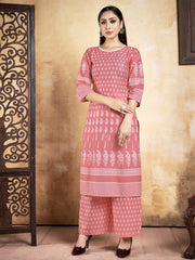 Peach Printed Rayon Kurti With Plazzo