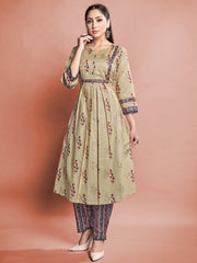 Beige Printed Cotton Kurti With Pant