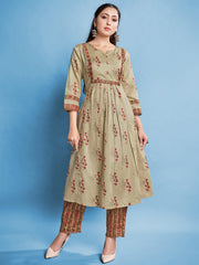 Beige Printed Cotton Kurti With Pant