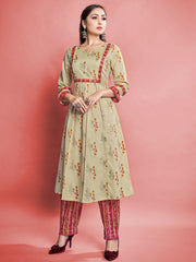 Beige Printed Cotton Kurti With Pant