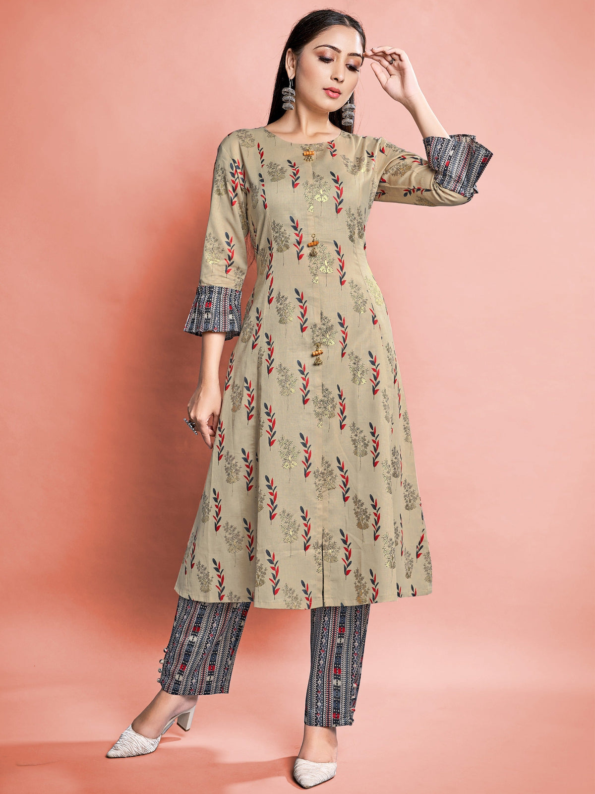 Beige Printed Cotton Kurti With Pant