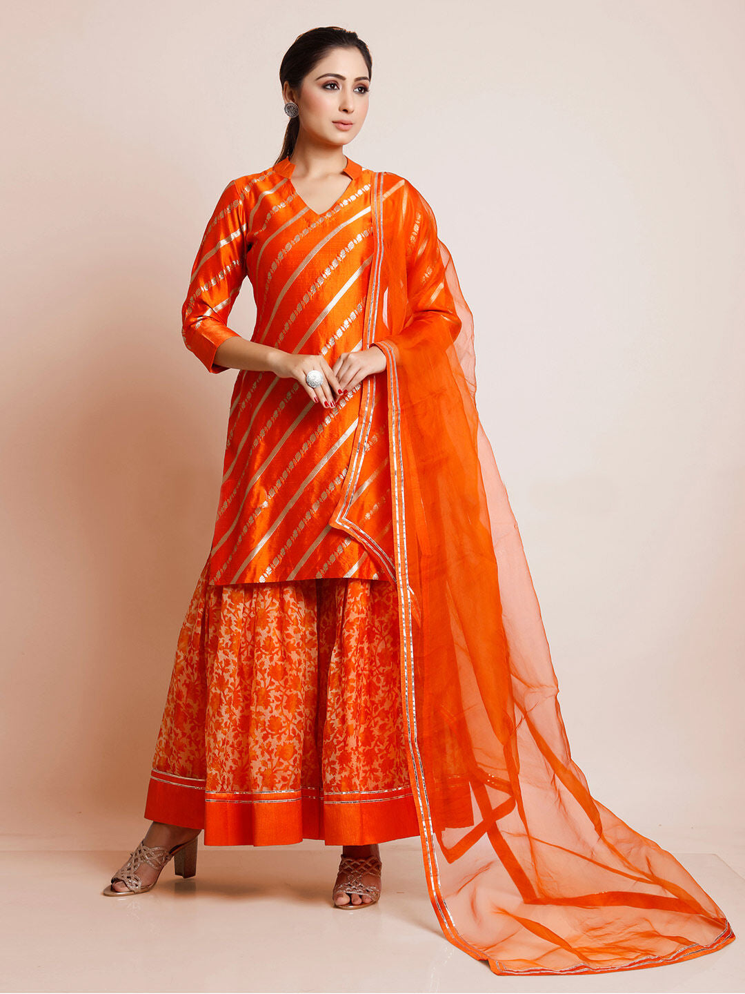 Orange Woven Art Silk Kurti With Plazzo Dupatta