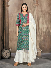 Green Printed Rayon Kurti With Plazzo Dupatta