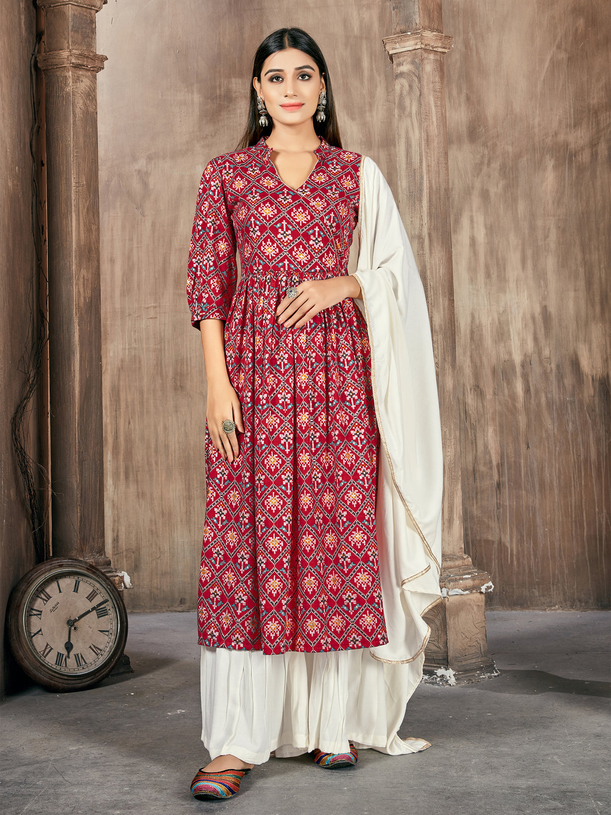 Red Printed Rayon Kurti With Plazzo Dupatta