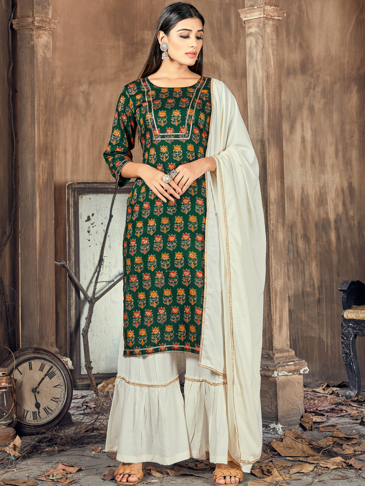 Green Printed Rayon Kurti With Plazzo Dupatta