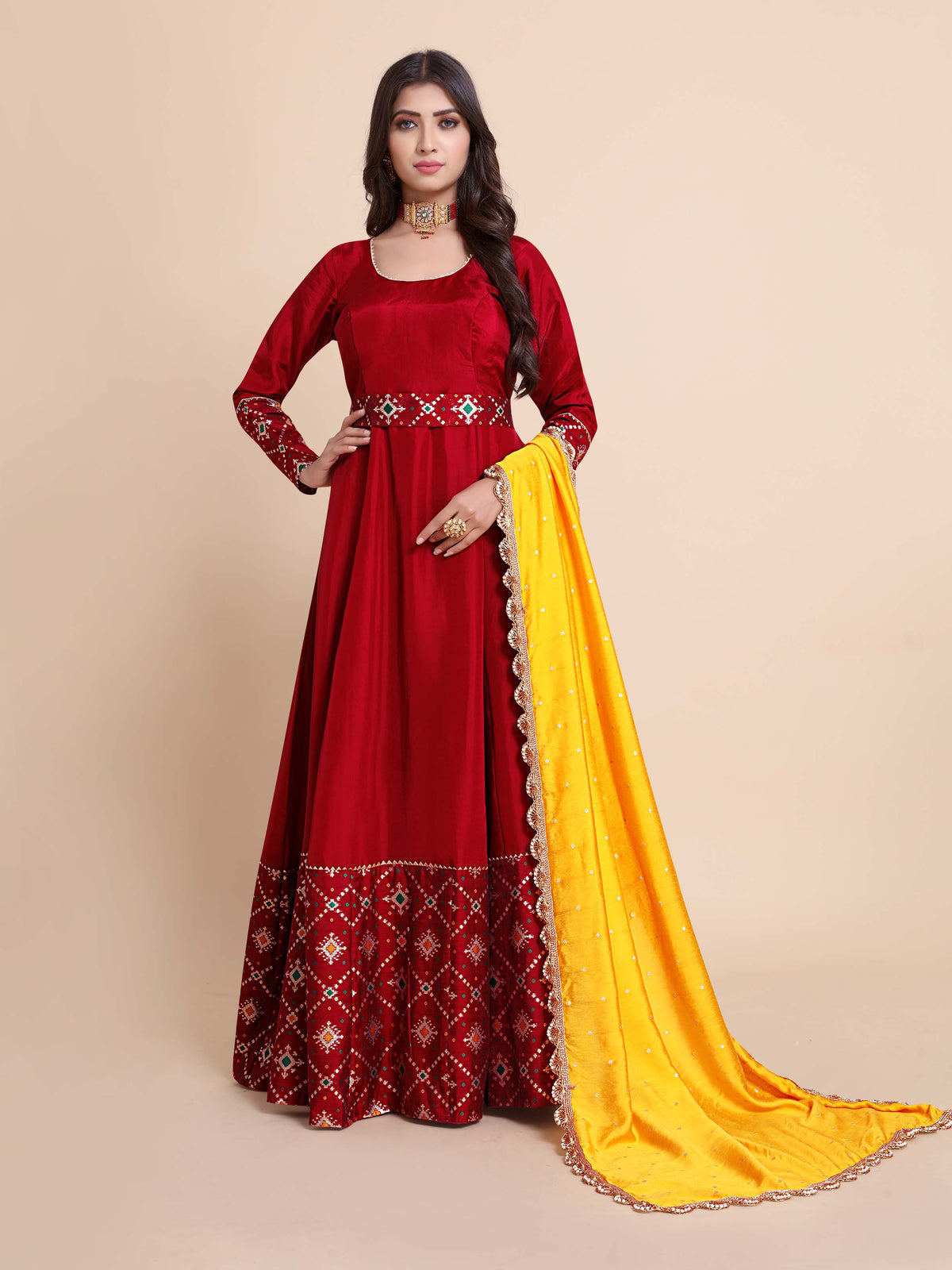 Red Woven Art Silk Kurta With Dupatta