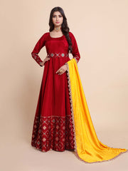 Red Woven Art Silk Kurta With Dupatta