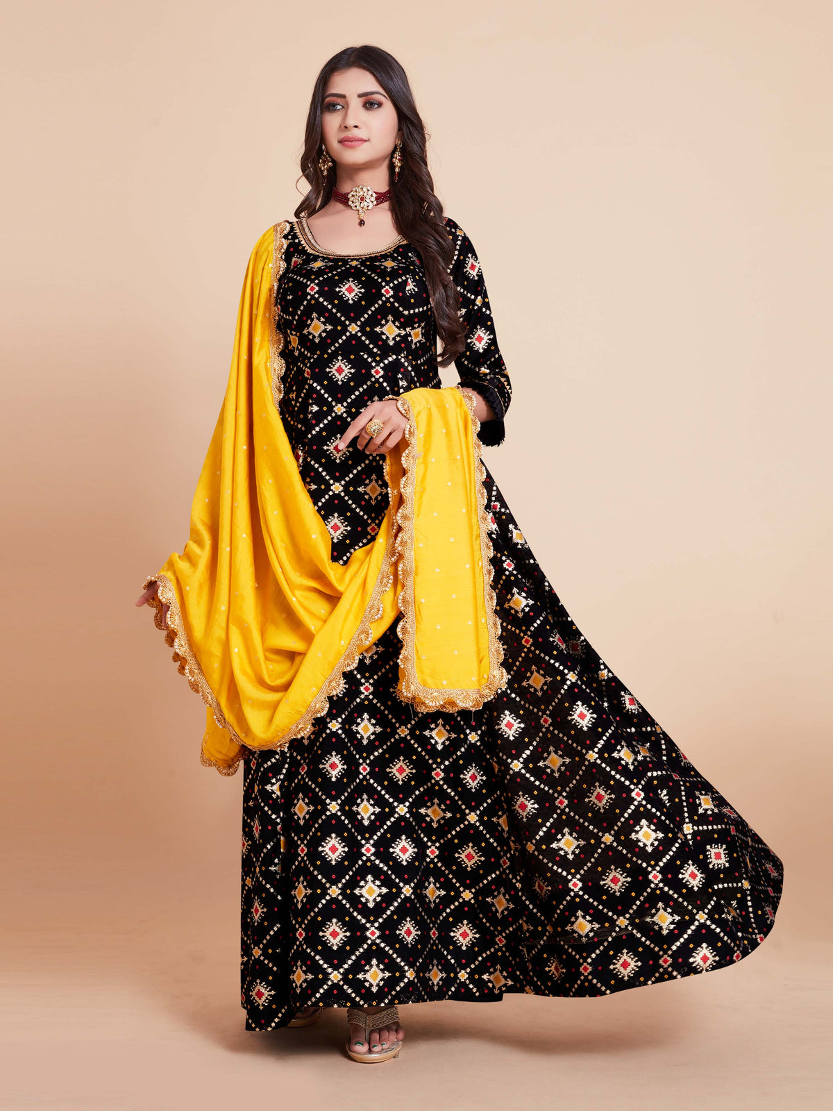 Black Woven Art Silk Kurta With Dupatta