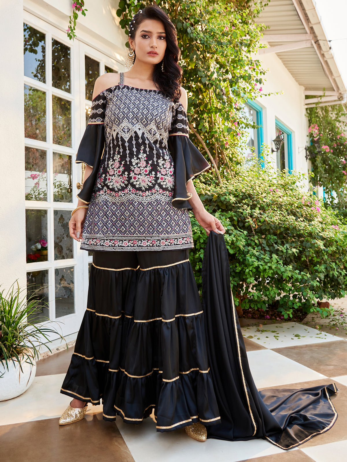 Black Embroidered Cotton Kurti With Sharara Dupatta