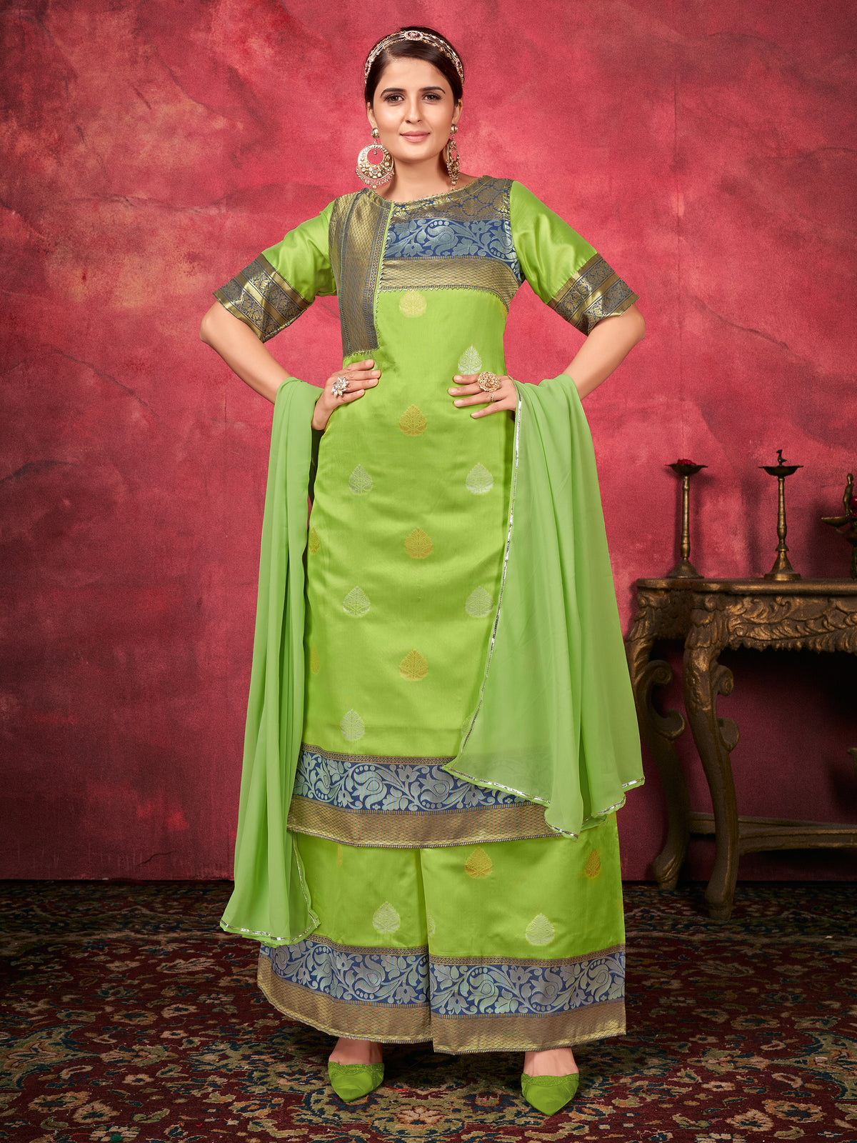 Green Woven Art Silk Readymade Women Kurta Set