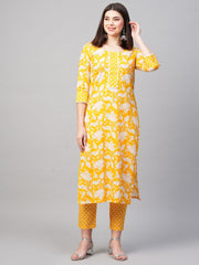 Yellow Printed Rayon Kurti With Pant