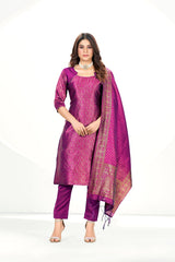 Dark Pink Banarasi Art Silk Salwar Suit With Dupatta