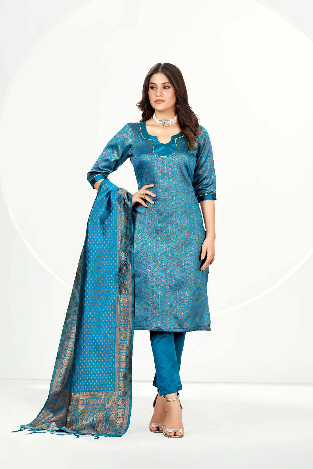 Peacock Blue Banarasi Art Silk Salwar Suit With Dupatta