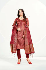 Costume Salwar en soie Banarasi Art rouge terne avec Dupatta