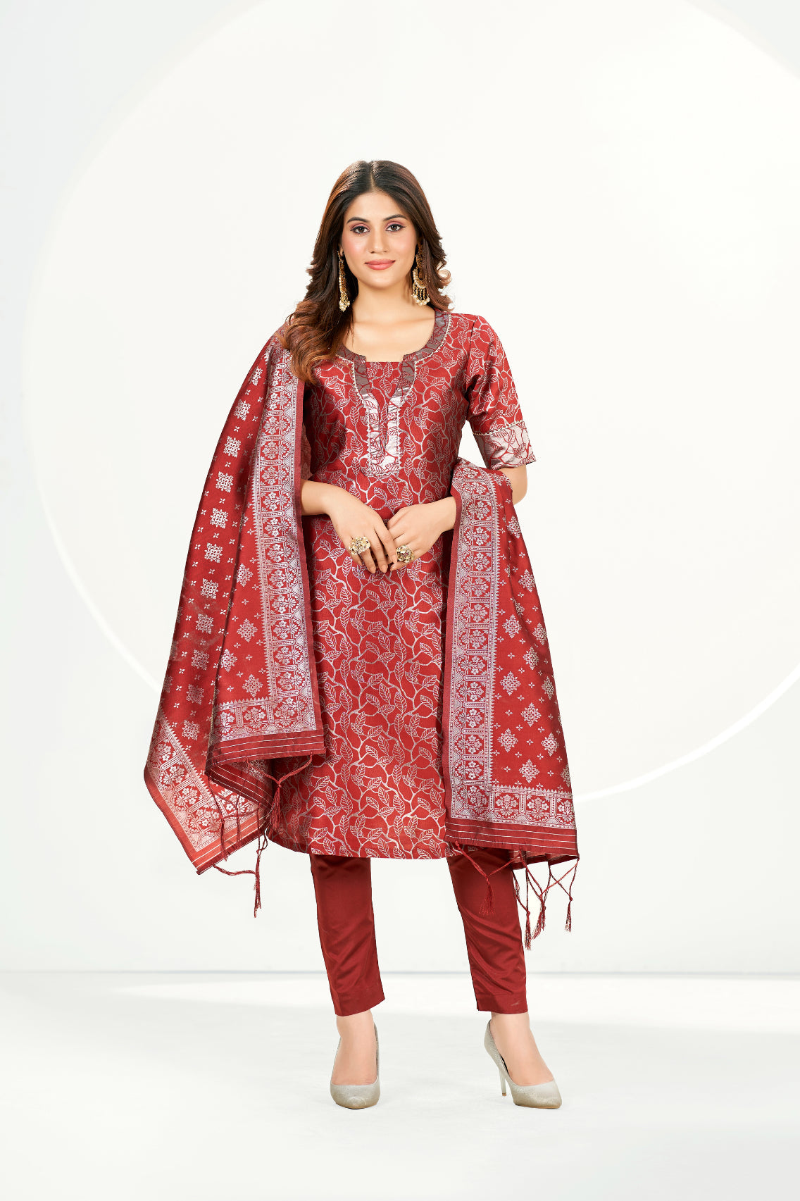 Persian Red Banarasi Art Silk Salwar Suit With Dupatta