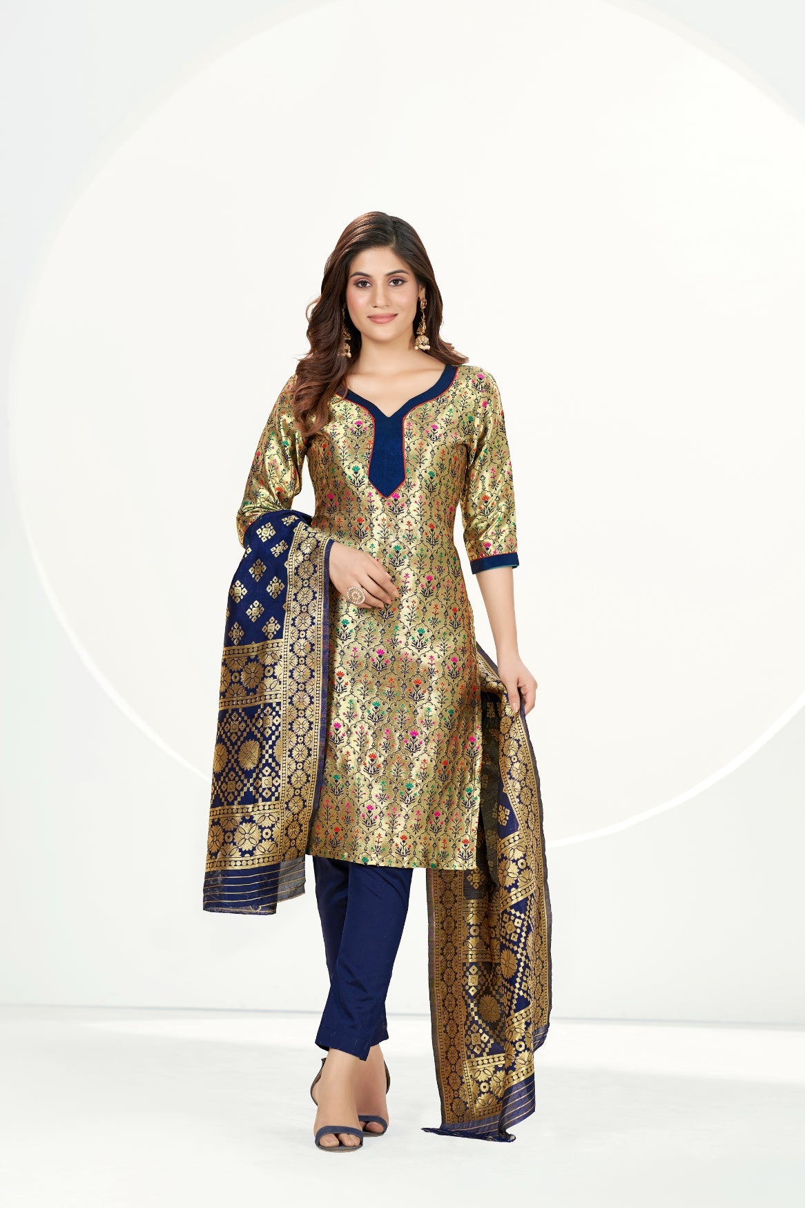 Gold Banarasi Art Silk Salwar Suit With Dupatta