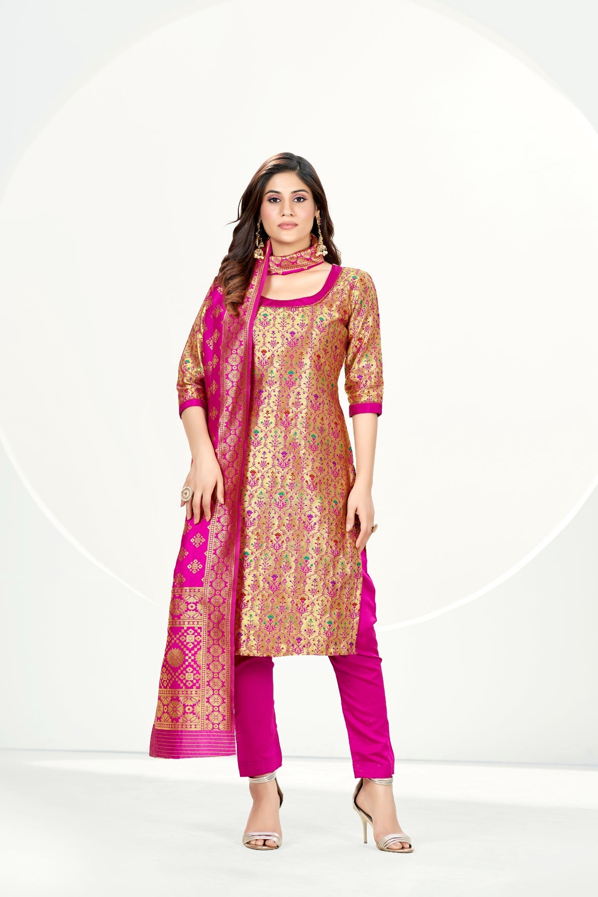 Gold Banarasi Art Silk Salwar Suit With Dupatta