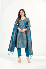 Metallic Blue Banarasi Art Silk  Salwar Suit With Dupatta