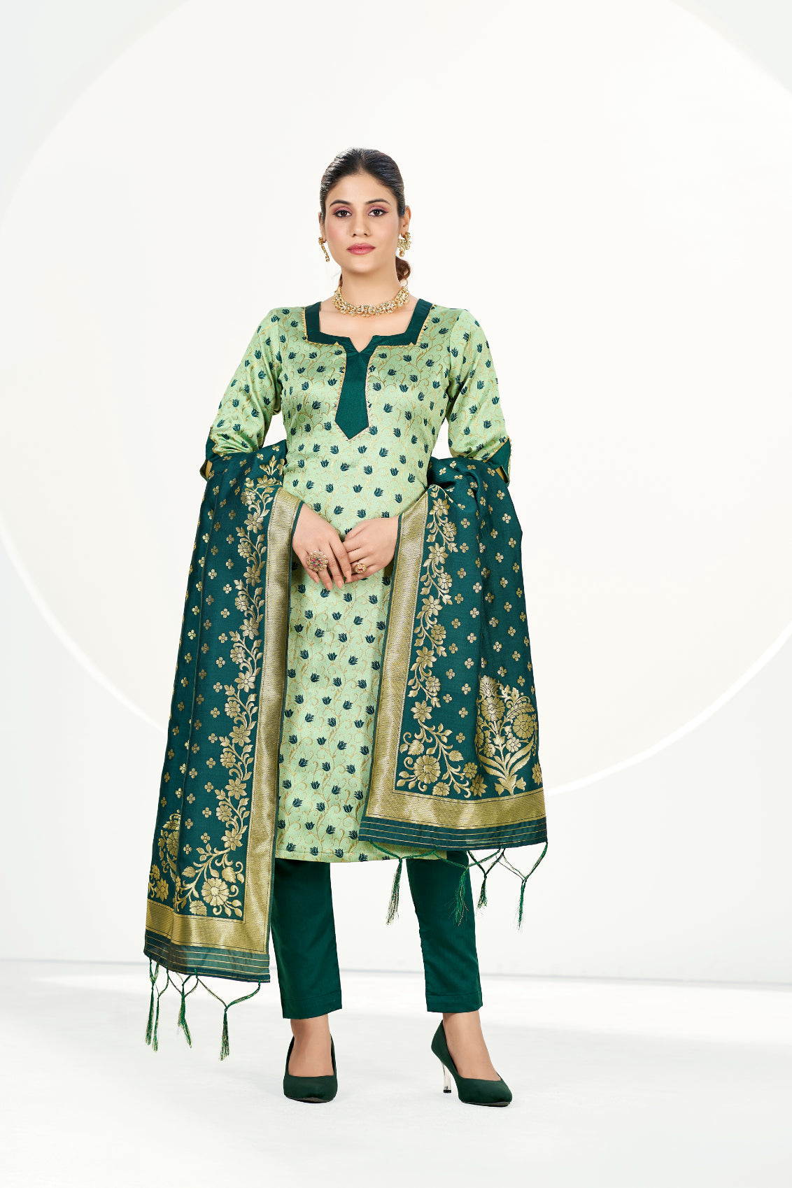 Green Mist Banarasi Art Silk Salwar Suit With Dupatta