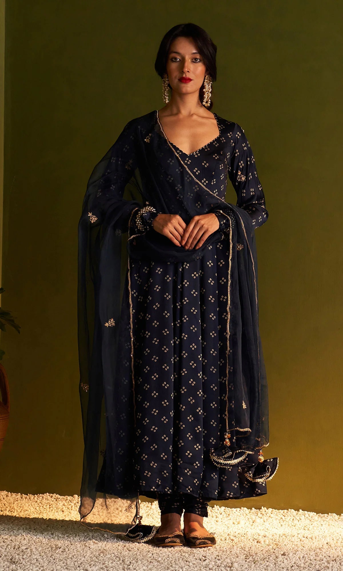 Readymade Satin Dark Blue Anarkali Kurti Pant With Dupatta