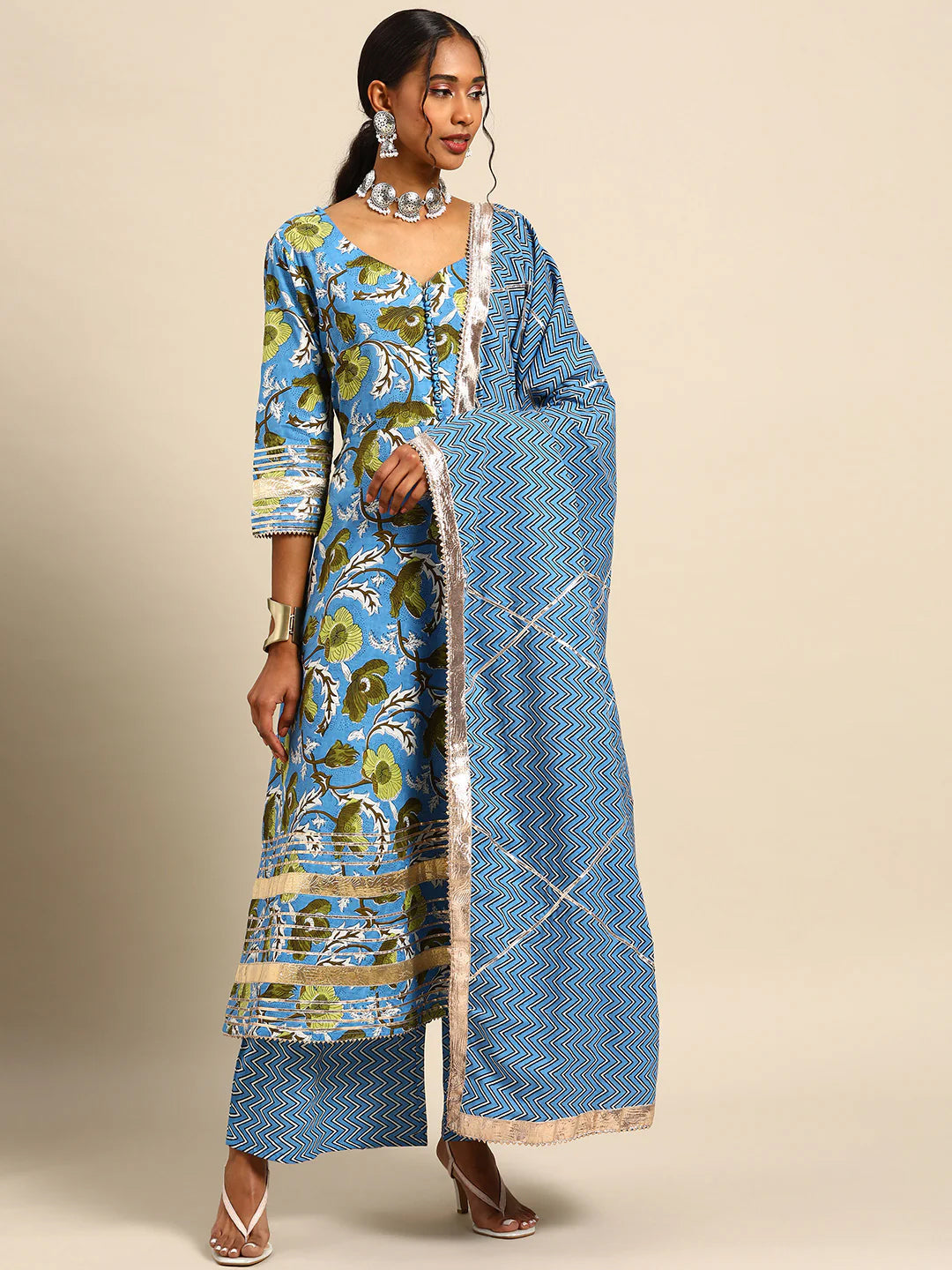 Readymade Rayon Aqua Blue A-Line Kurti Palazzo With Dupatta