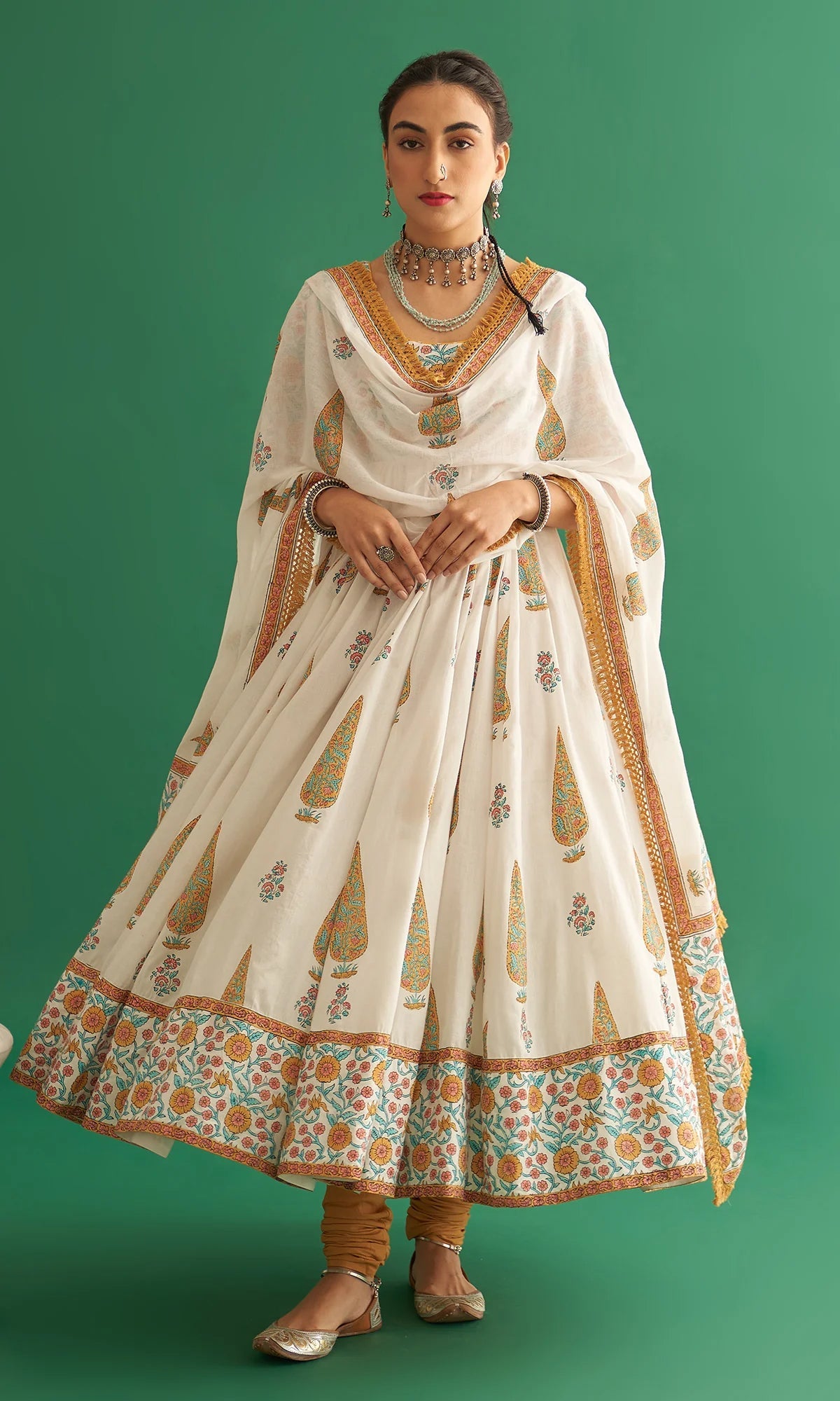 Readymade Rayon Off White Anarkali Kurti Pant With Dupatta