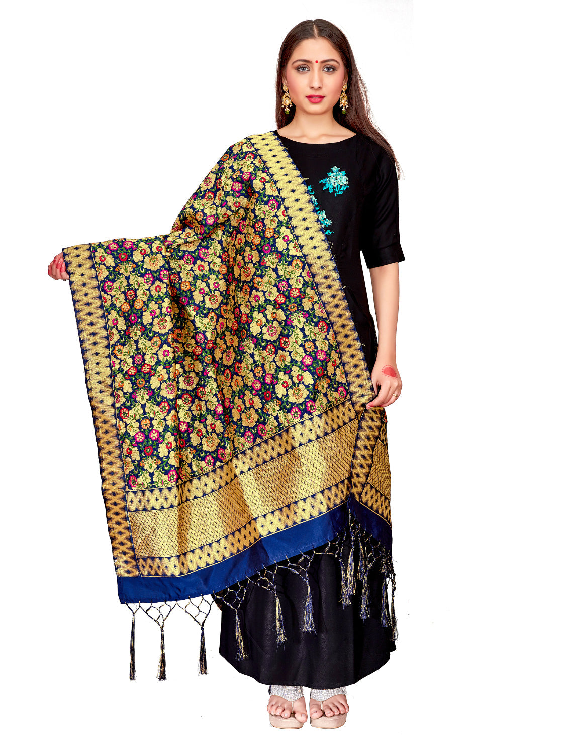 Navy Blue Banarasi Art Silk Woven Dupatta