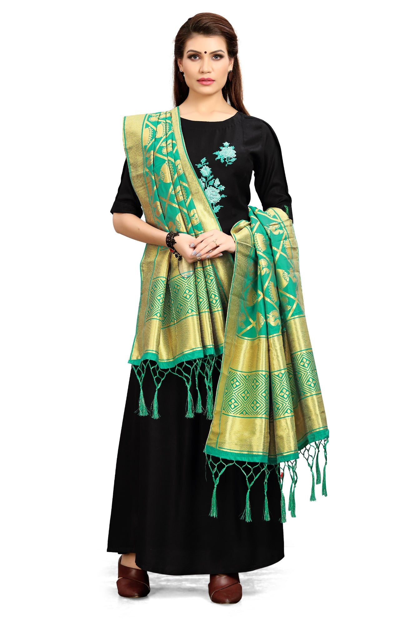 Teal Banarasi Art Silk Woven Dupatta