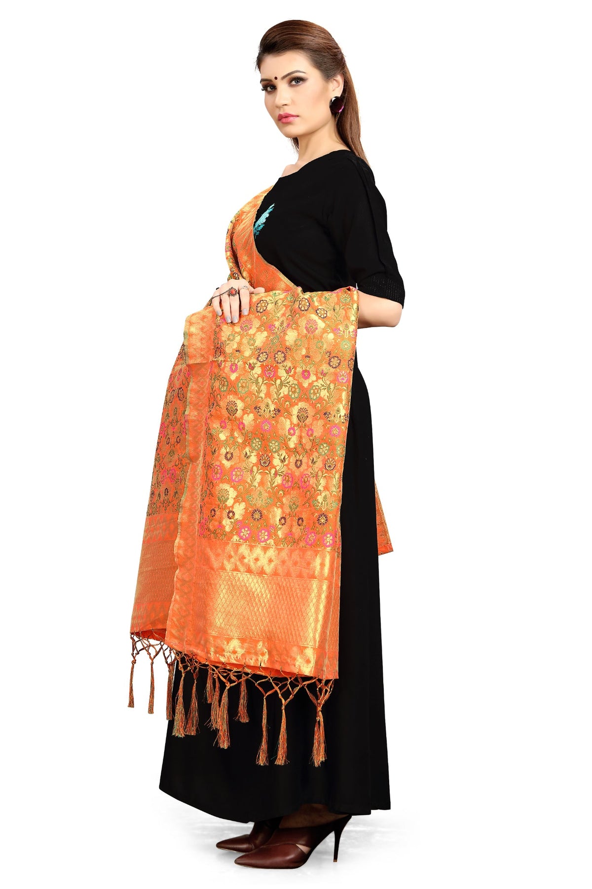 Orange Banarasi Art Silk Woven Dupatta