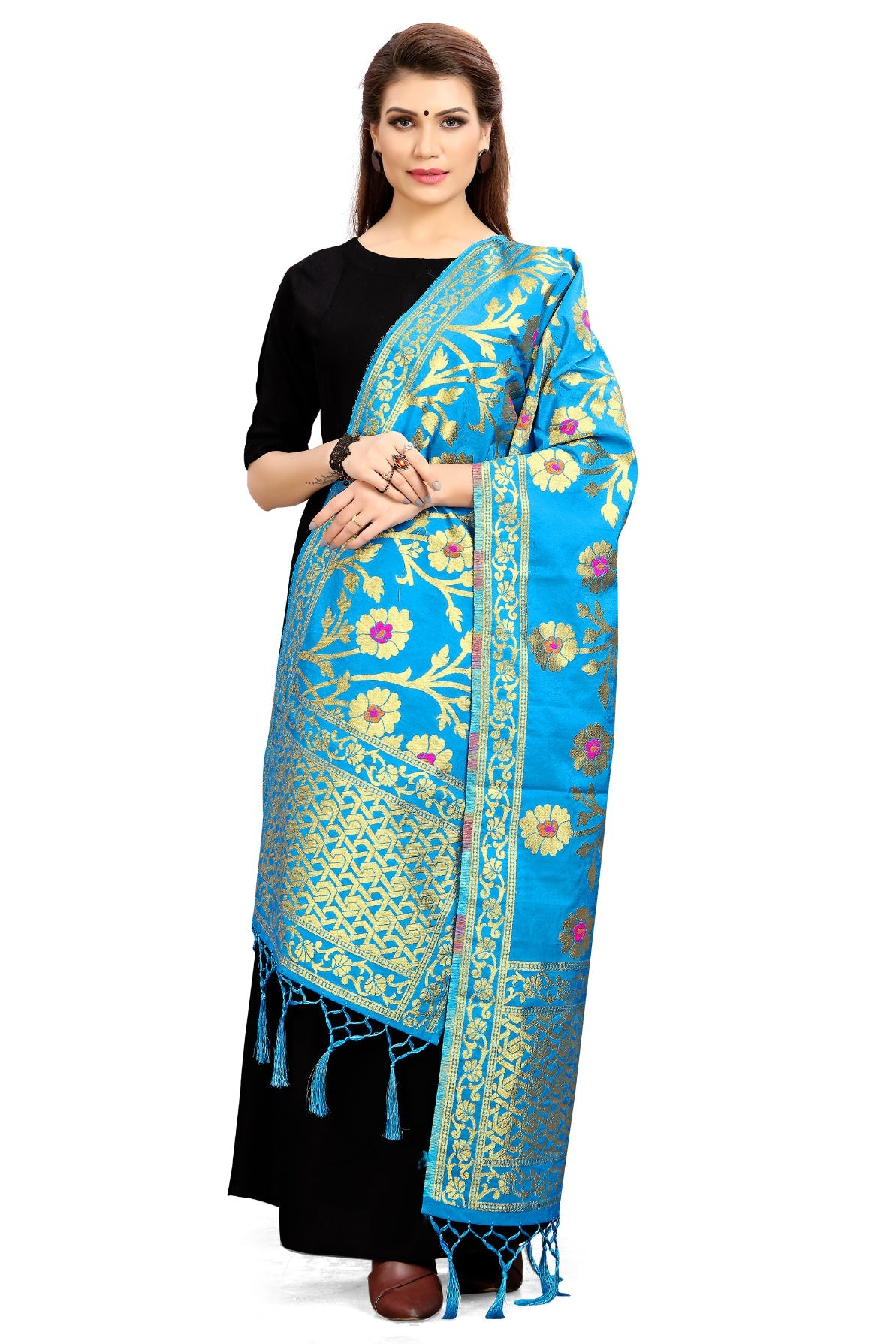 Turquoise Banarasi Art Silk Woven Dupatta