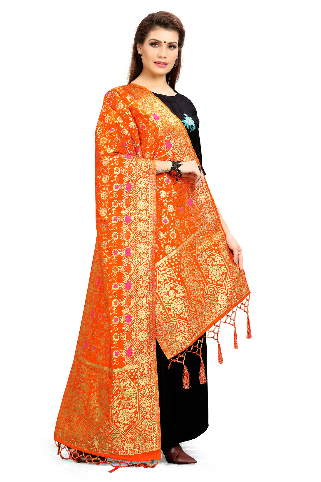 Orange Banarasi Art Silk Woven Dupatta