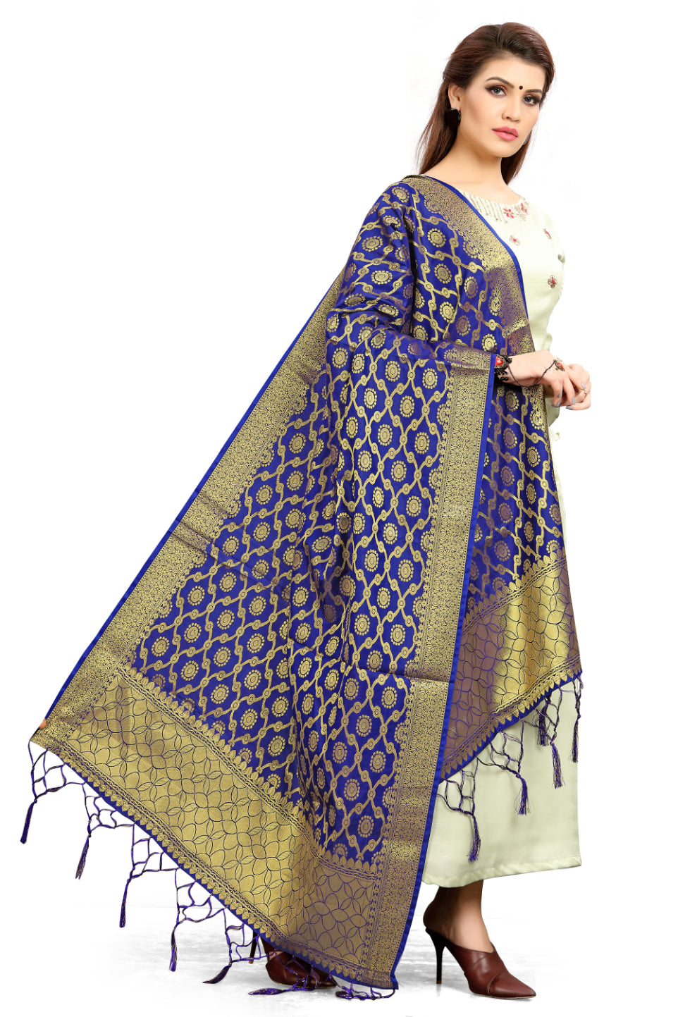 Navy Blue Banarasi Art Silk Woven Dupatta